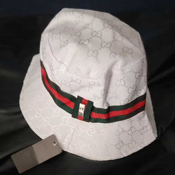 Double G White Bucket Hat with Red and Green Stripe - Picture 1 of 3